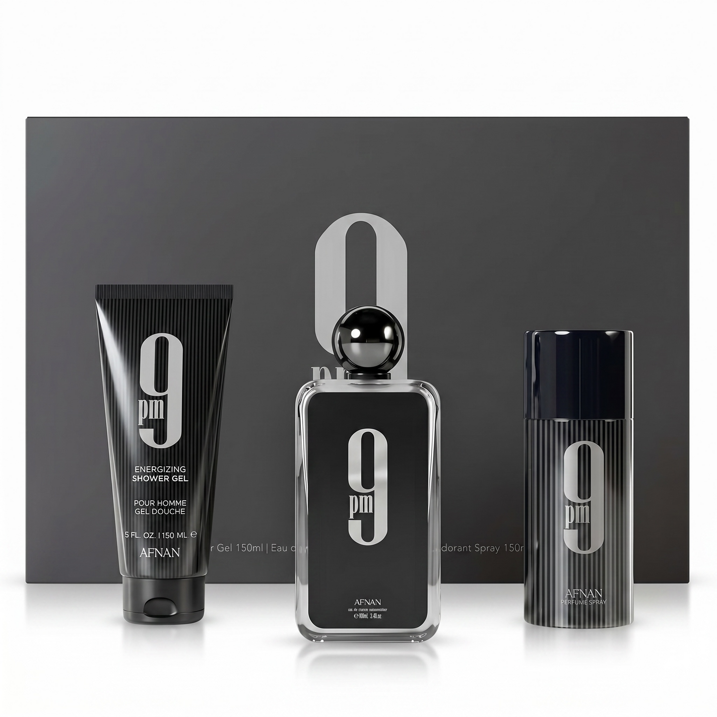 Afnan men's grooming set with three products on a white background