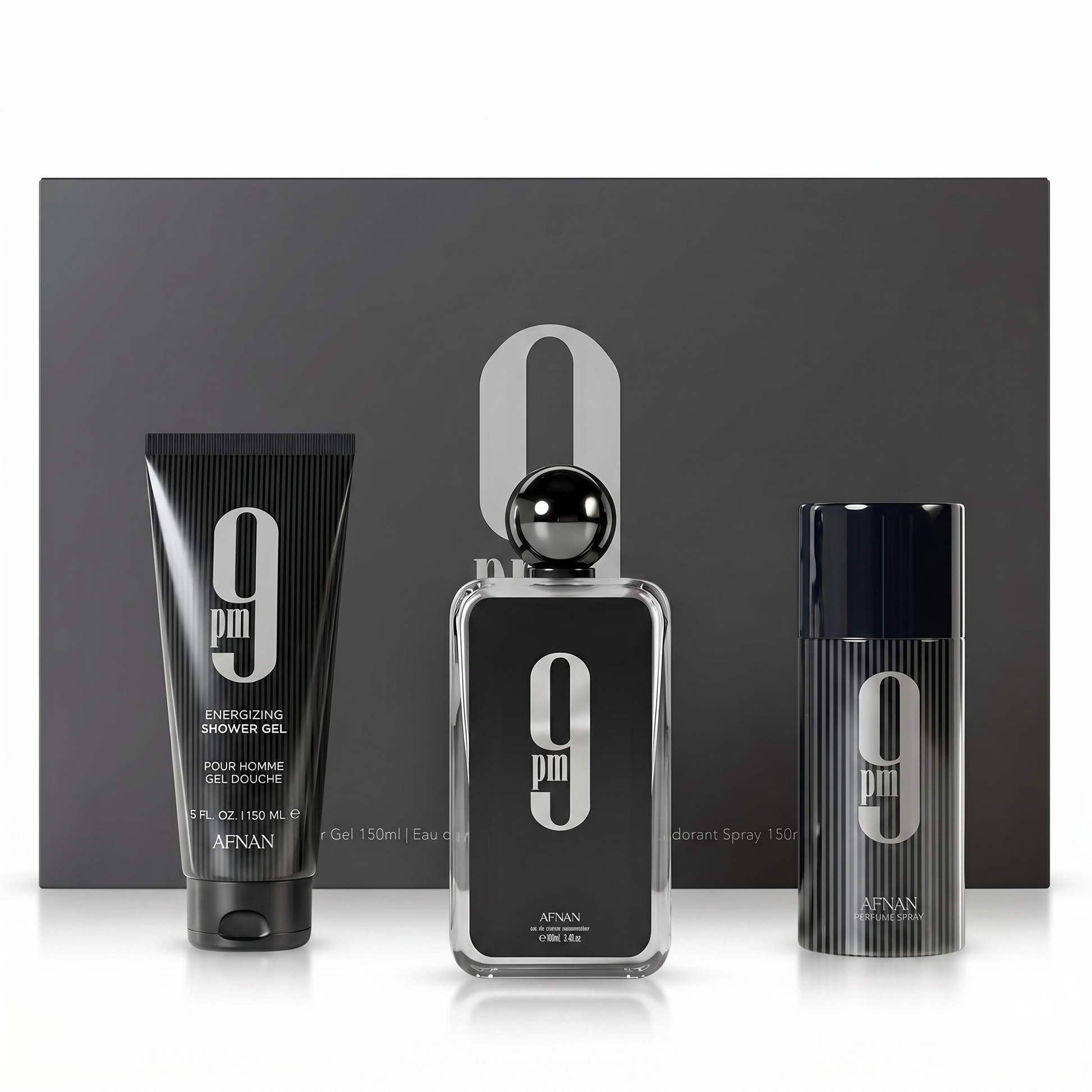 Afnan men's grooming set with three products on a white background