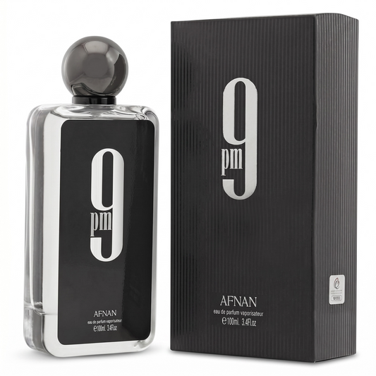 Afnan 9PM perfume bottle and packaging on a white background