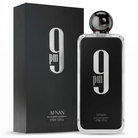 Afnan 9PM perfume bottle and packaging on a white background