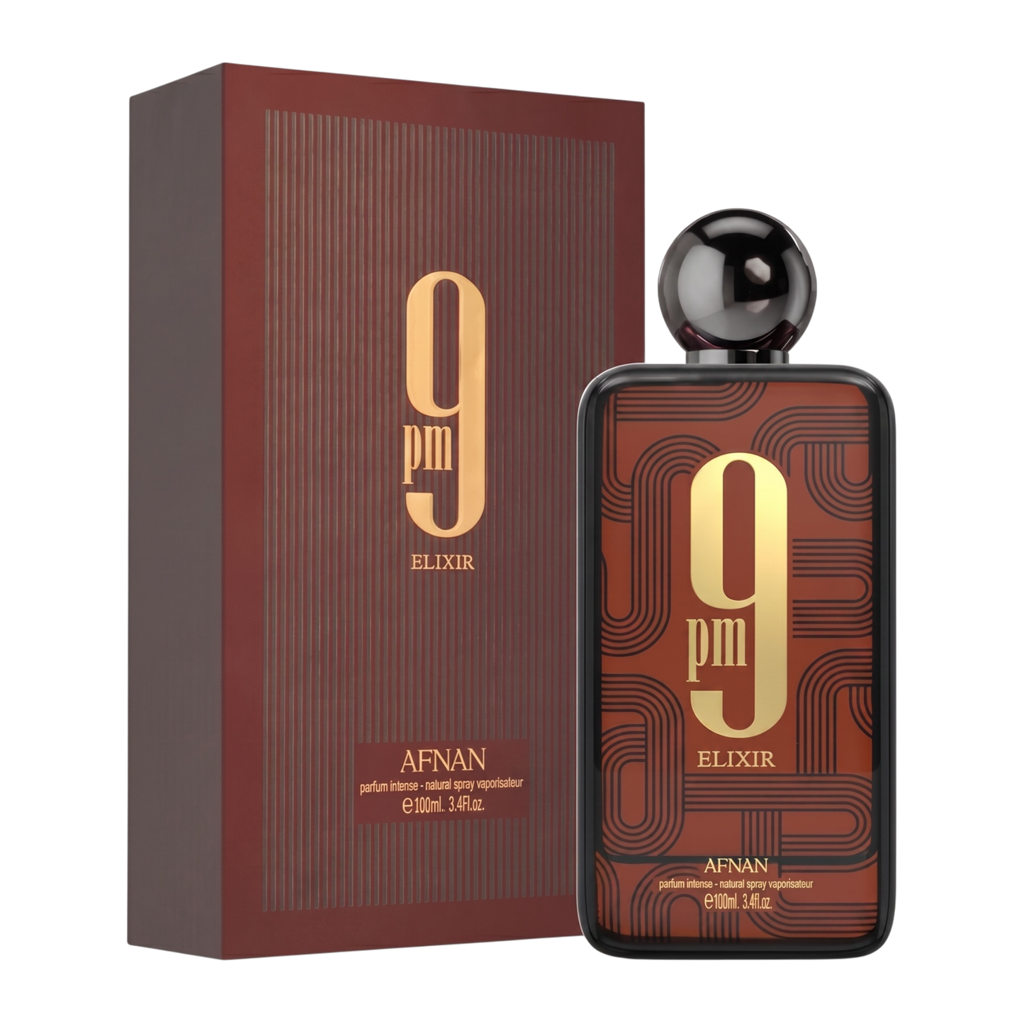 9 PM Elixir perfume bottle and packaging on a white background