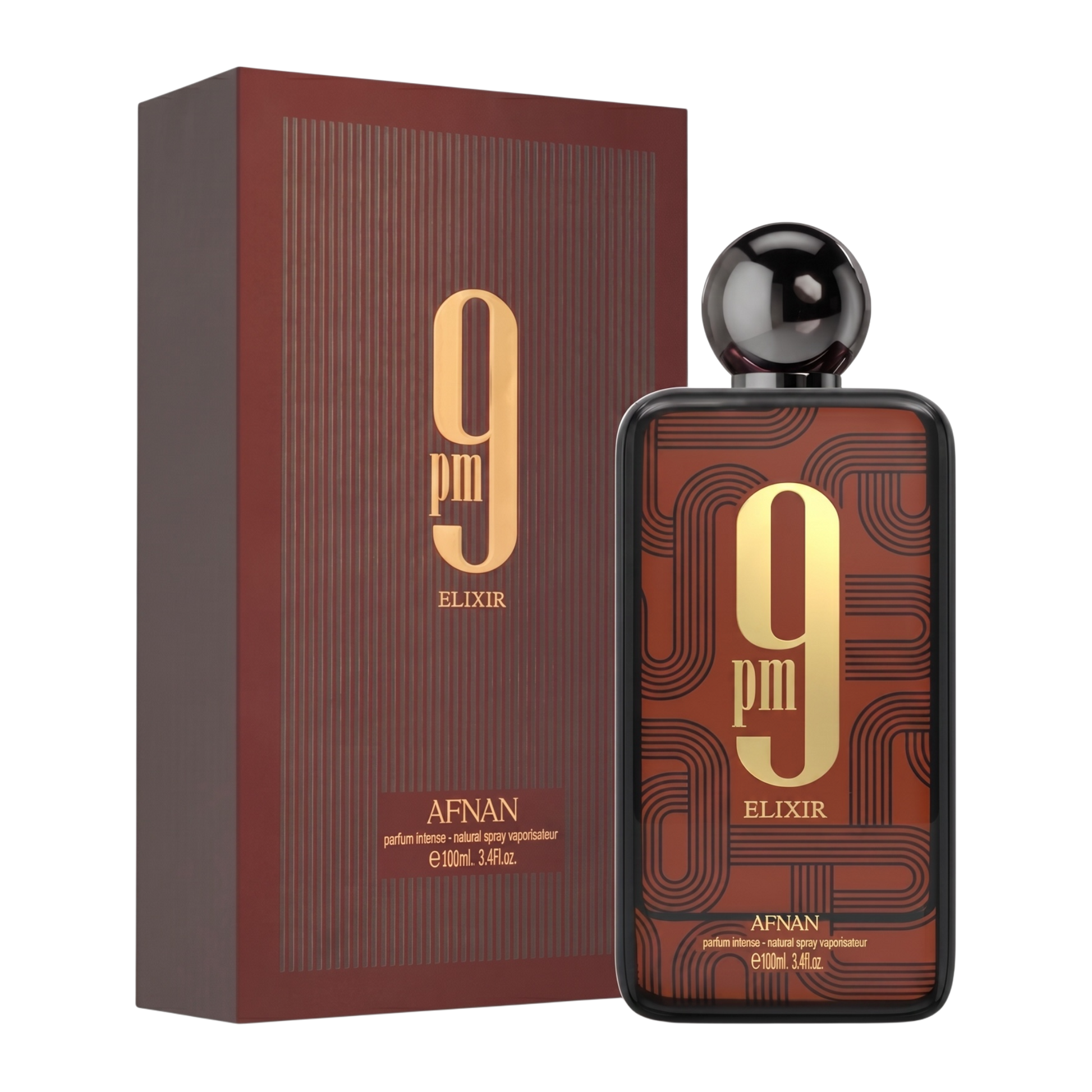 9 PM Elixir perfume bottle and packaging on a white background