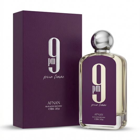 Afnan 9PM pour Femme perfume bottle and packaging on a white background