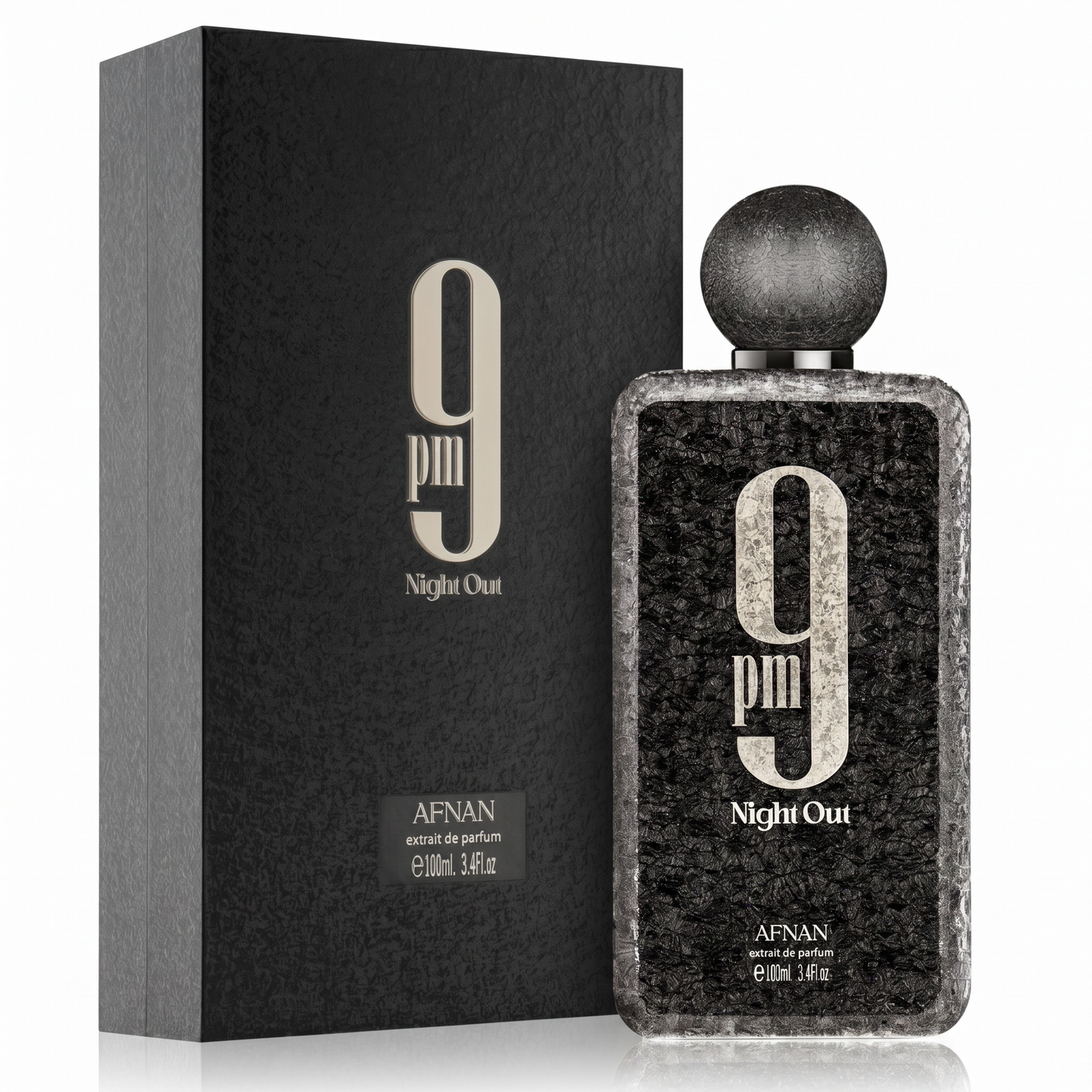 Afnan 9 PM Night Out perfume bottle and packaging on a white background