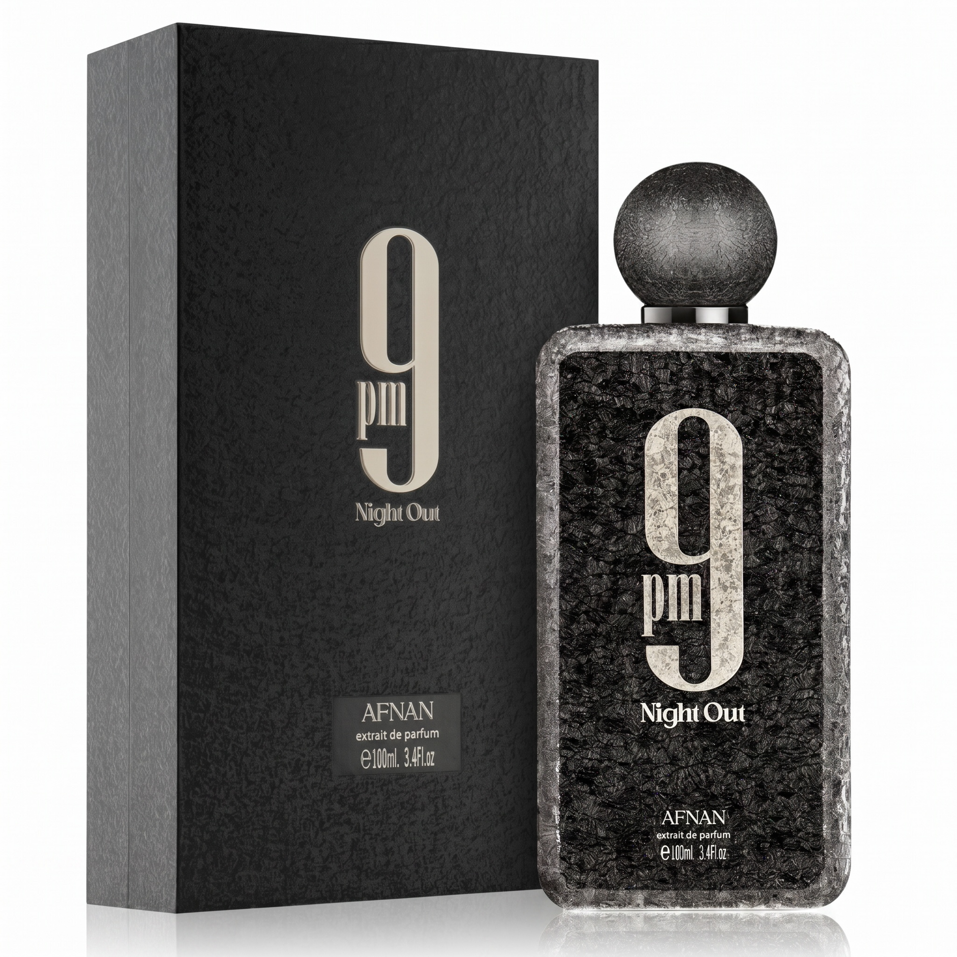 Afnan 9 PM Night Out perfume bottle and packaging on a white background