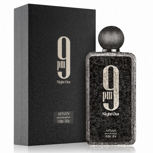 Afnan 9 PM Night Out perfume bottle and packaging on a white background