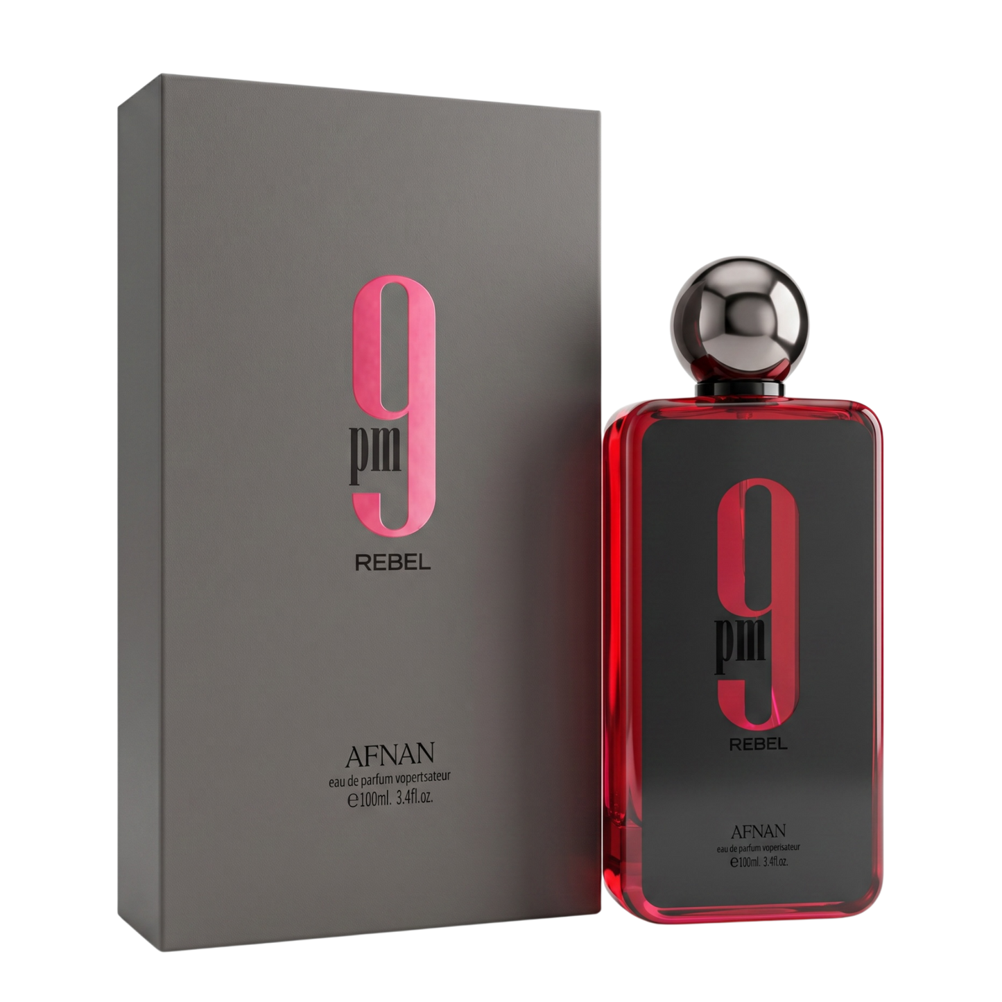 Perfume bottle and packaging of 9PM Rebel by Afnan on a white background