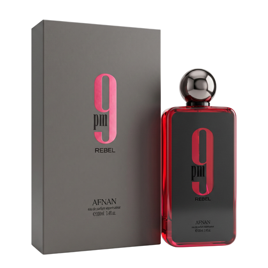 Perfume bottle and packaging of 9PM Rebel by Afnan on a white background