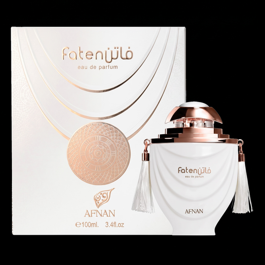 Afnan Faten eau de parfum bottle and packaging on a black background