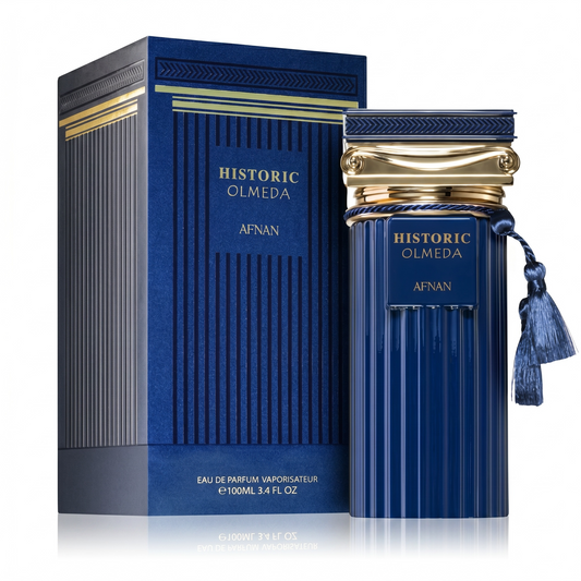 Blue perfume bottle and packaging with 'Historic Olmeda' branding on a white background