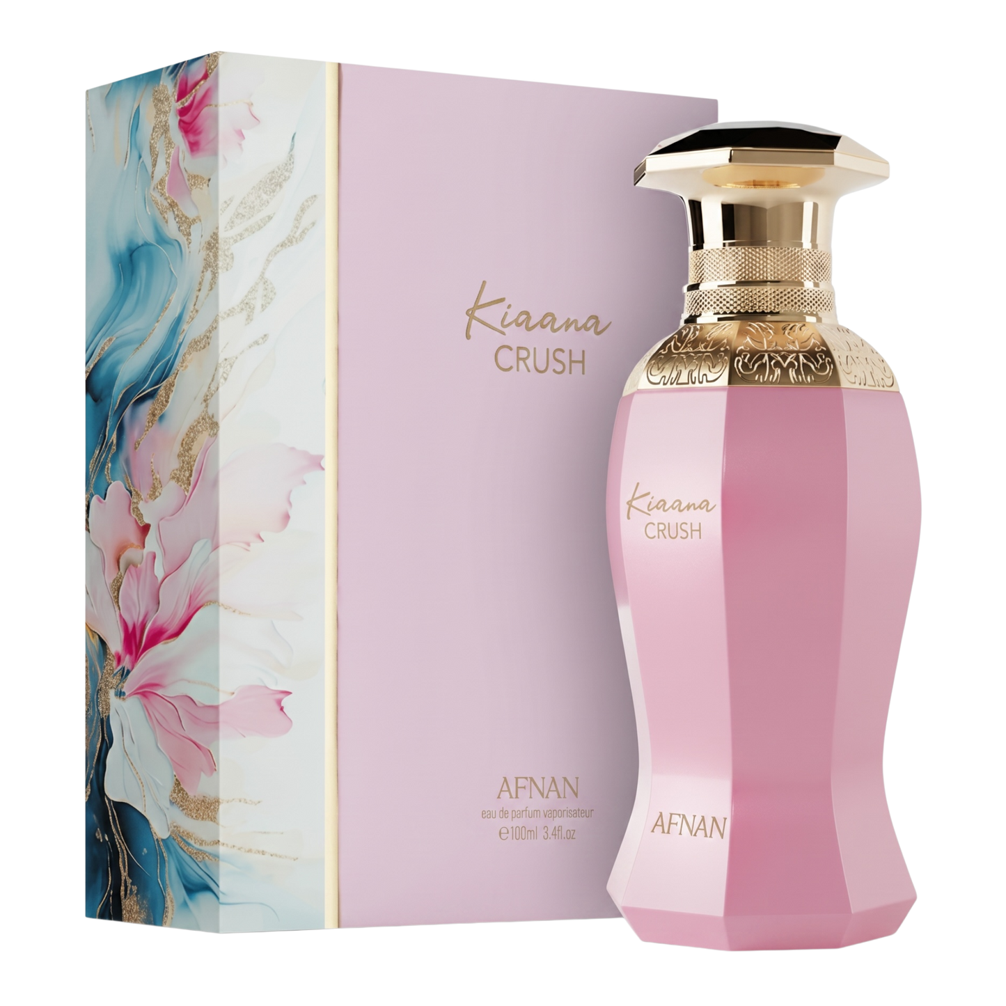 Pink perfume bottle with gold cap and floral packaging on a white background