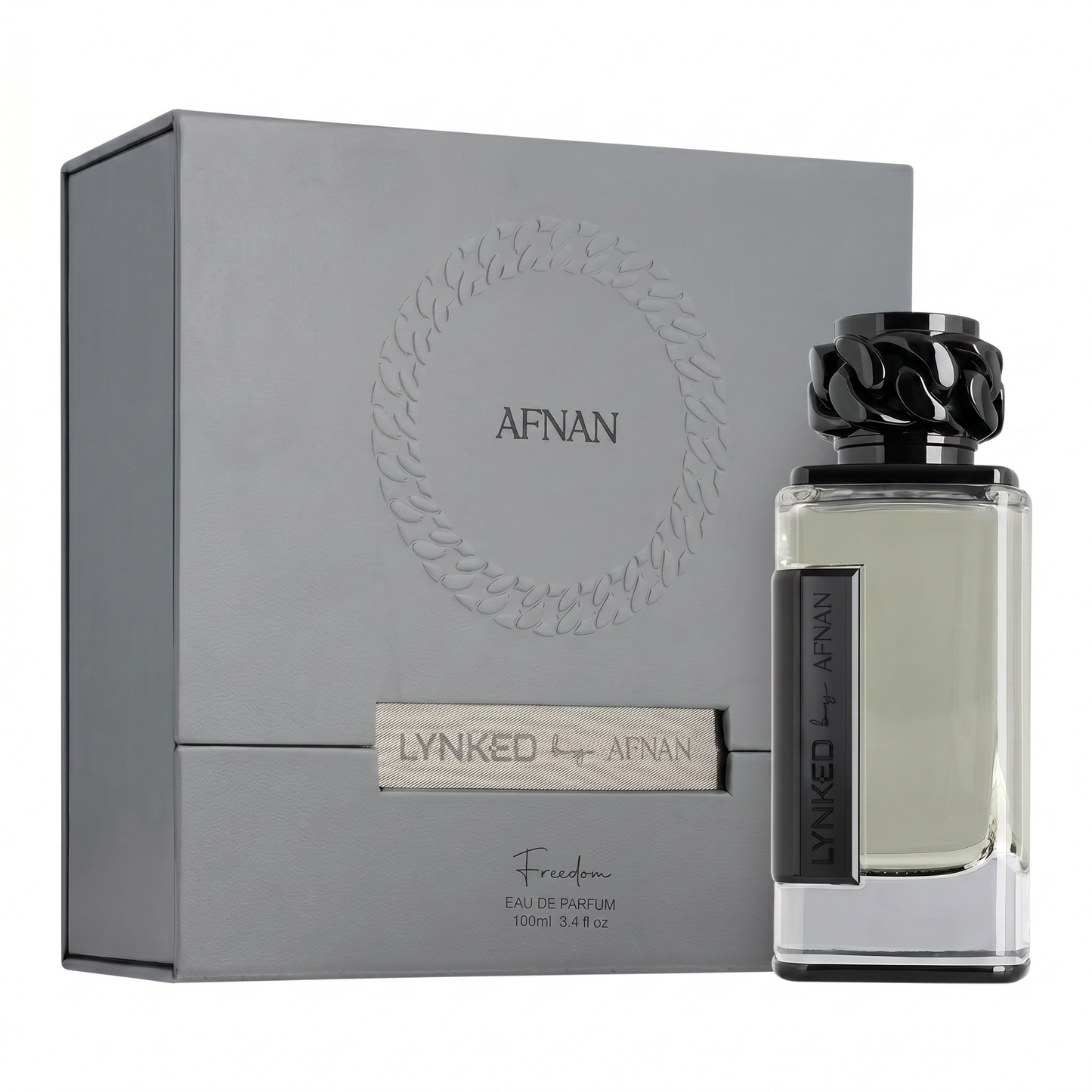 Afnan Lynked perfume bottle and packaging on a white background