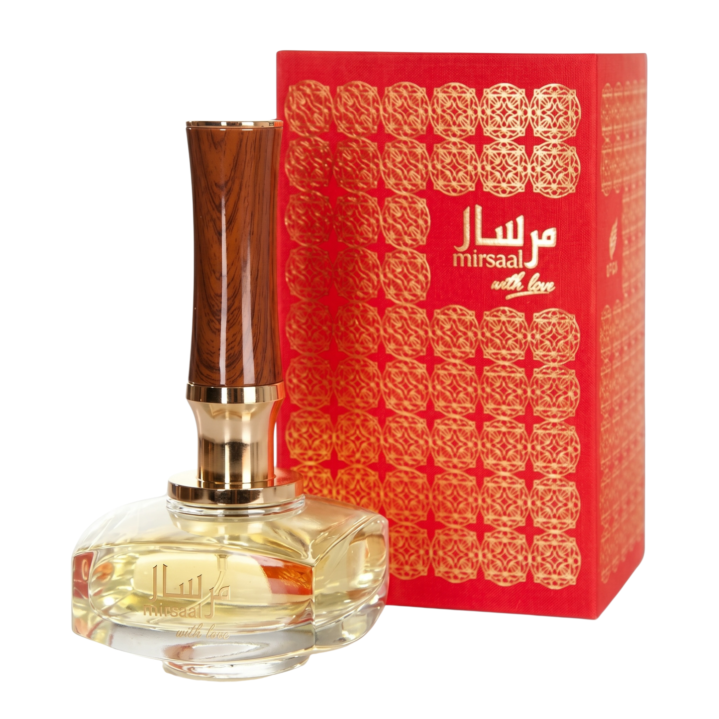 Perfume bottle with wooden cap and decorative red box labeled 'mirsaal' on a white background
