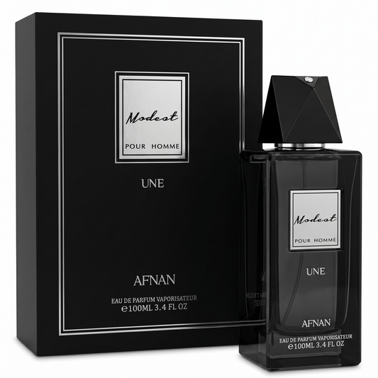 Afnan Modest pour Homme Une perfume bottle and packaging on a white background