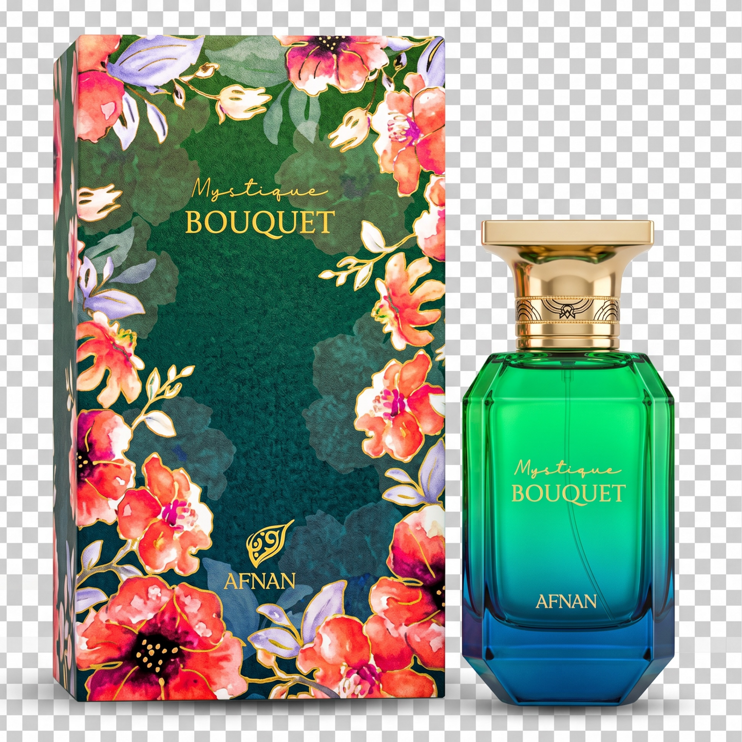 Mystérieux Bouquet perfume bottle and packaging with floral design on a transparent background