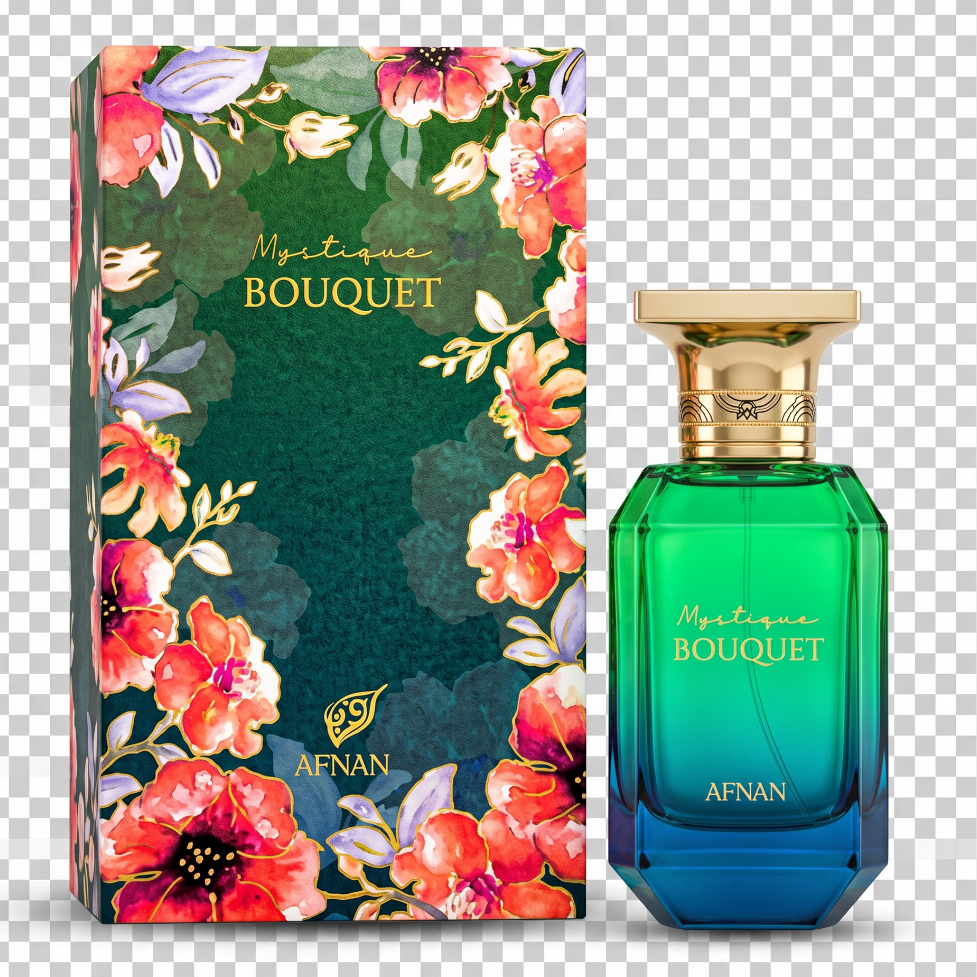 Mystérieux Bouquet perfume bottle and packaging with floral design on a transparent background