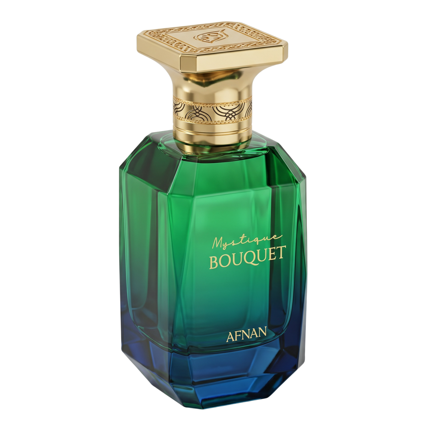 Green and blue perfume bottle with gold cap on a white background