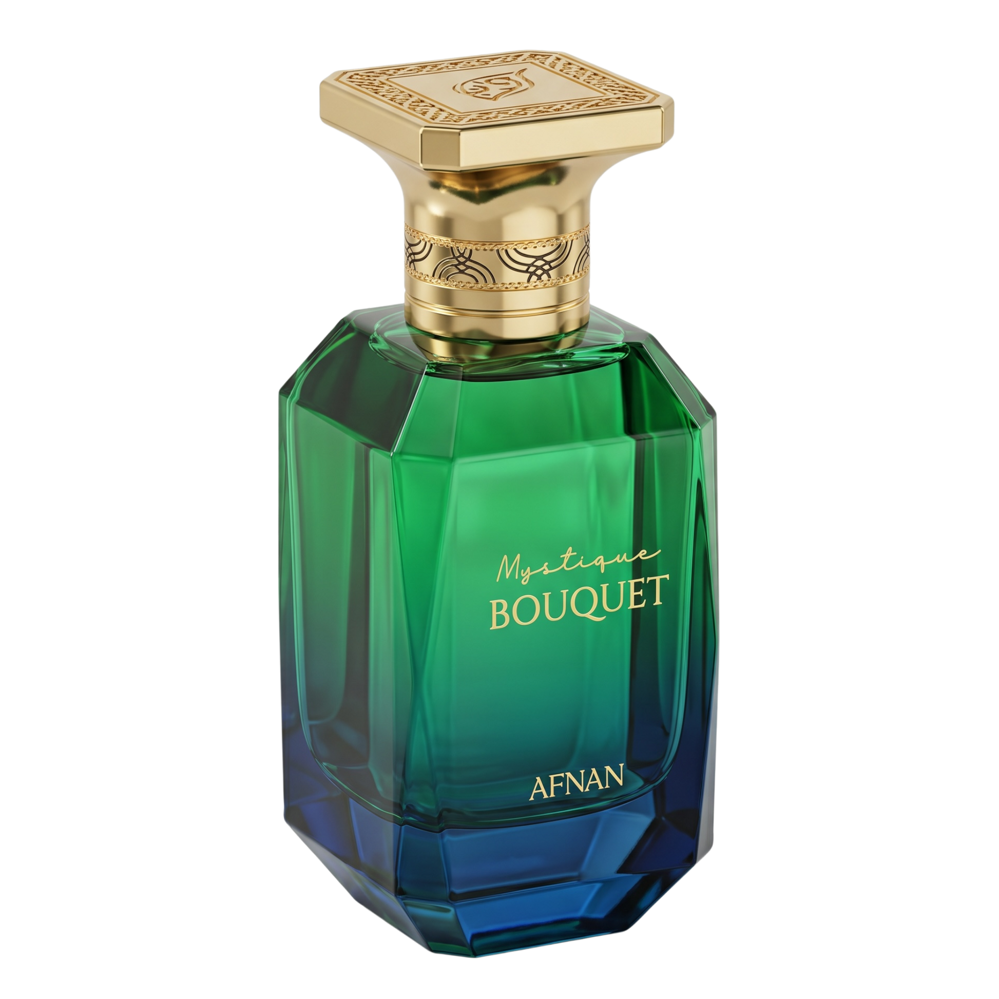 Green and blue perfume bottle with gold cap on a white background