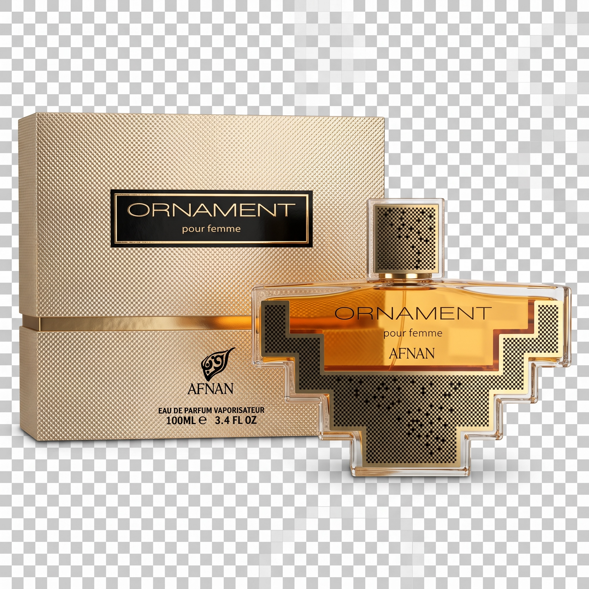 Afnan Ornament pour femme perfume bottle and packaging on a transparent background