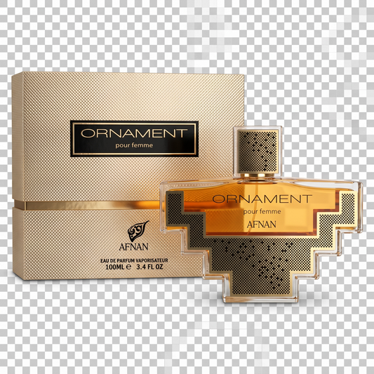 Afnan Ornament pour femme perfume bottle and packaging on a transparent background