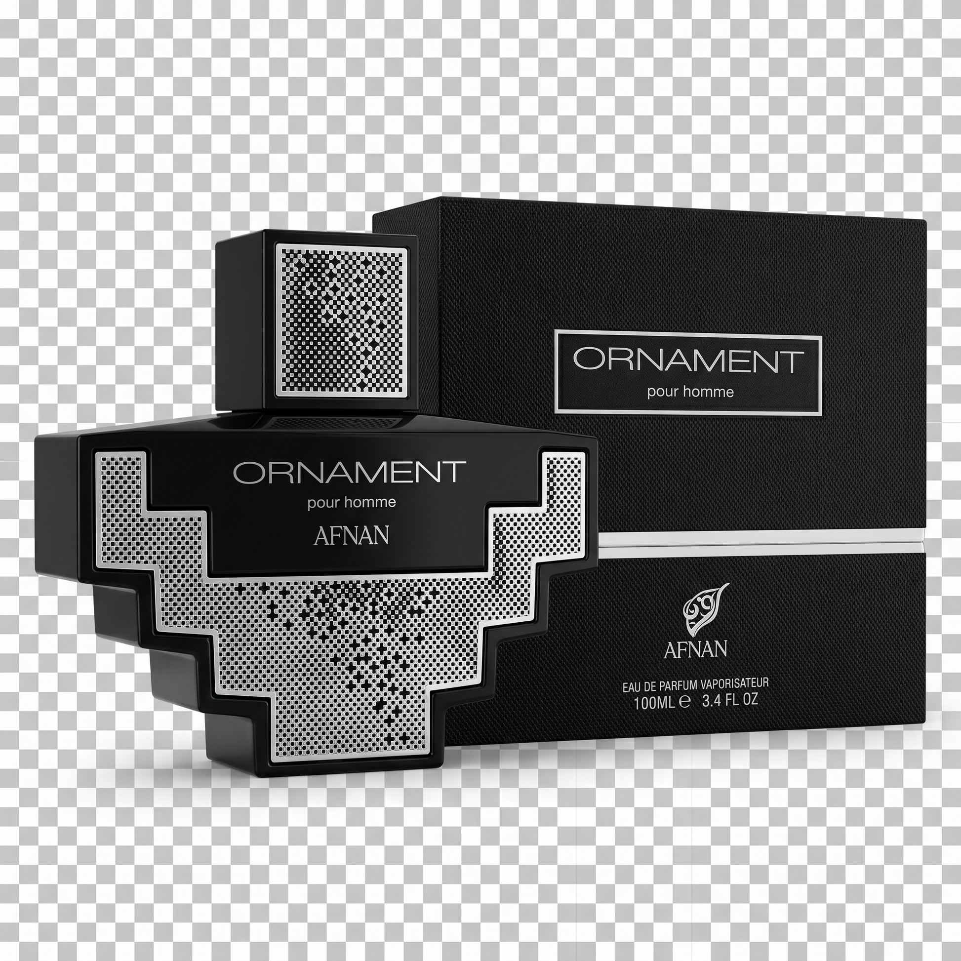 Ornament pour homme perfume bottle and packaging on a transparent background