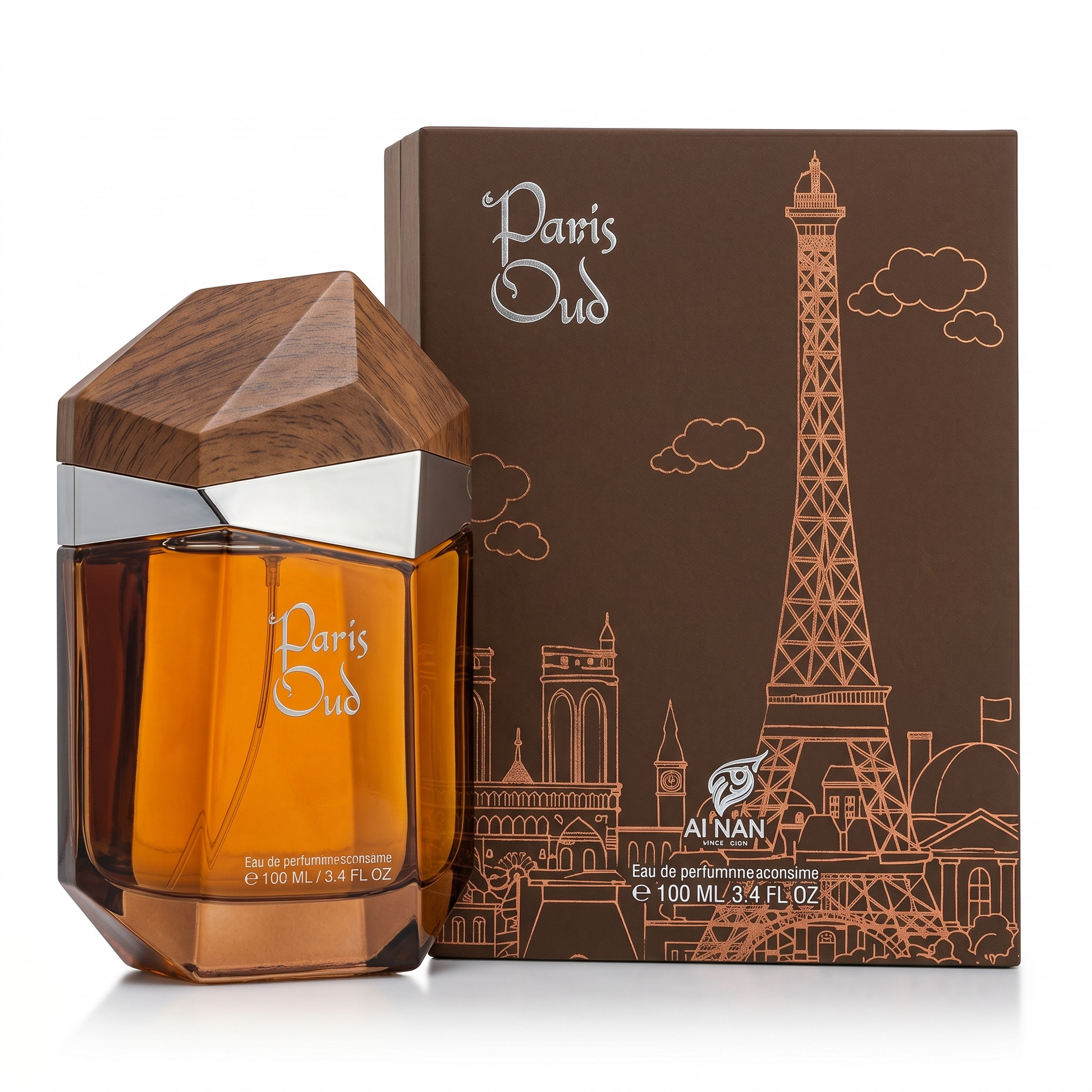 Perfume bottle and packaging with Eiffel Tower design on a white background