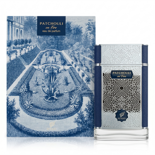 Perfume bottle and packaging with garden illustration on a white background