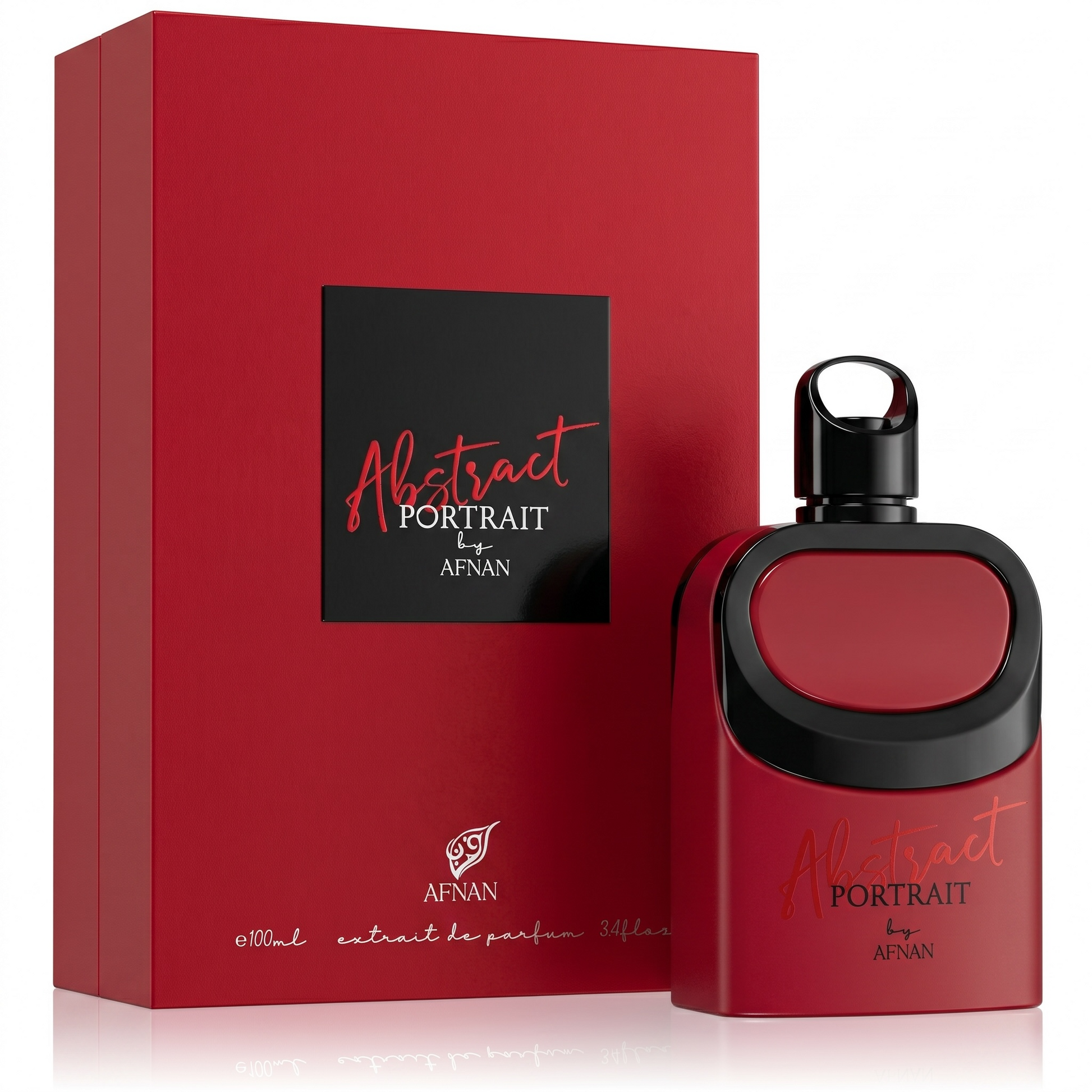 Red perfume bottle and packaging with 'Abstract Portrait' by Afnan on a white background