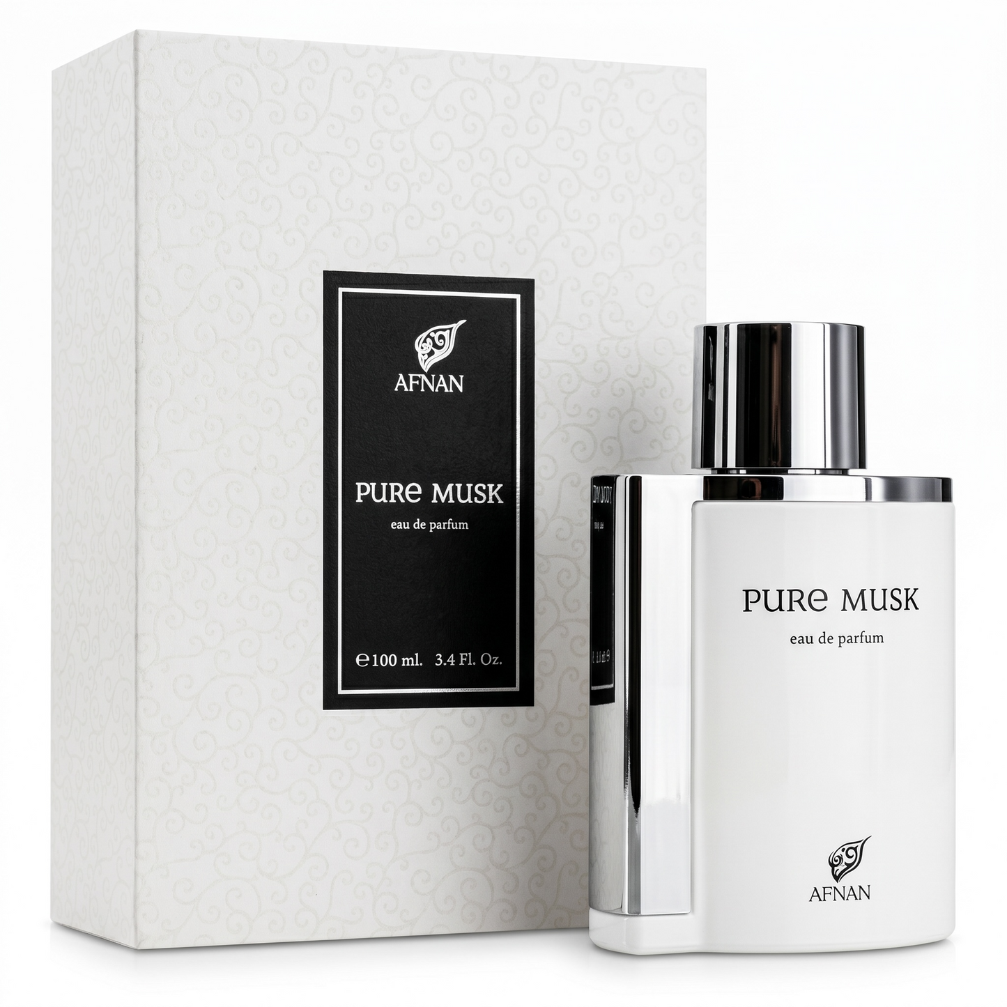 Afnan Pure Musk eau de parfum bottle and packaging on a white background