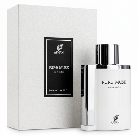 Afnan Pure Musk eau de parfum bottle and packaging on a white background