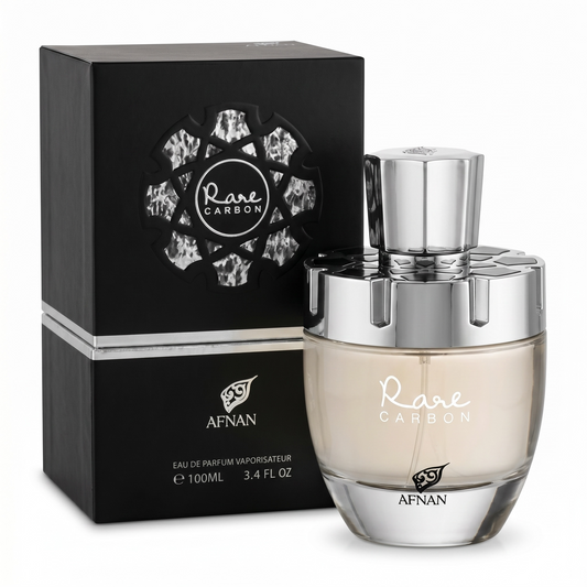 Afnan Rare Carbon perfume bottle and packaging on a white background