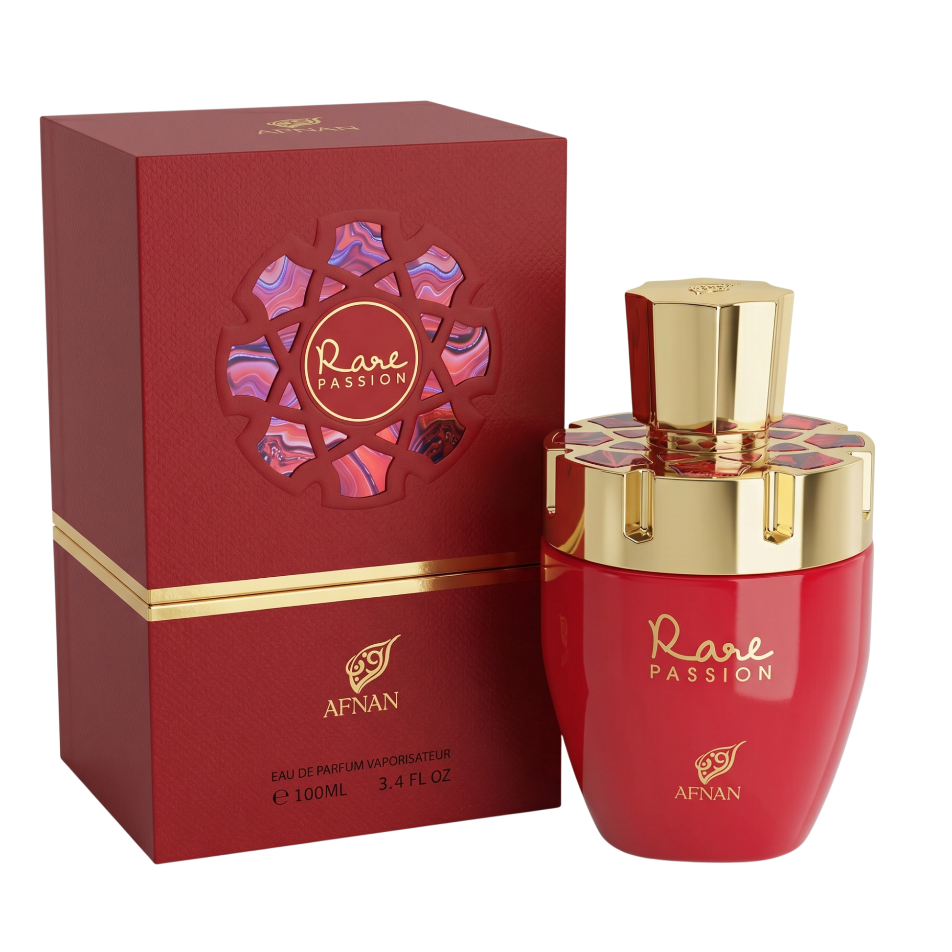 Afnan Rare Passion perfume bottle and packaging on a white background