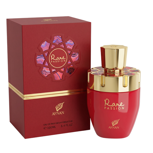 Afnan Rare Passion perfume bottle and packaging on a white background