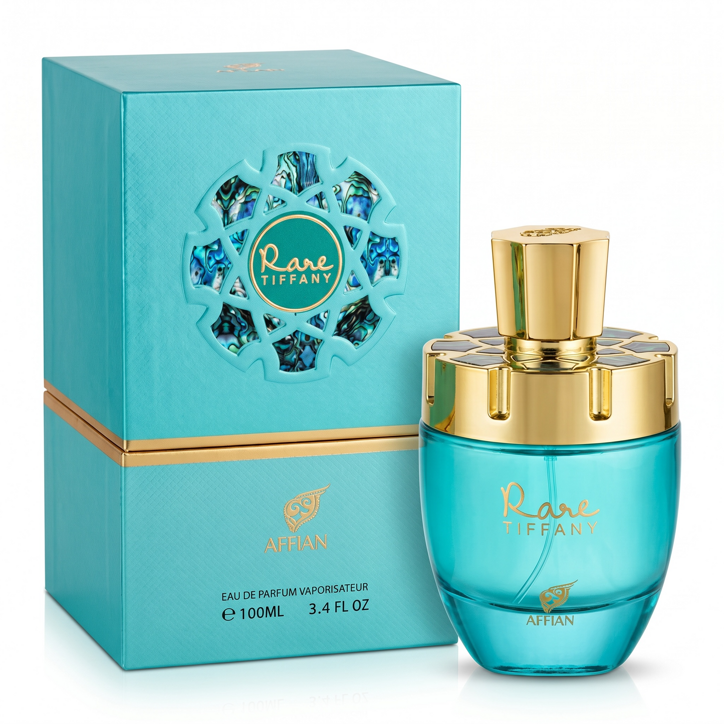 Blue perfume bottle with gold cap and Tiffany box on a white background