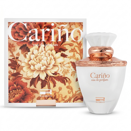 Carino eau de parfum bottle and packaging with floral design