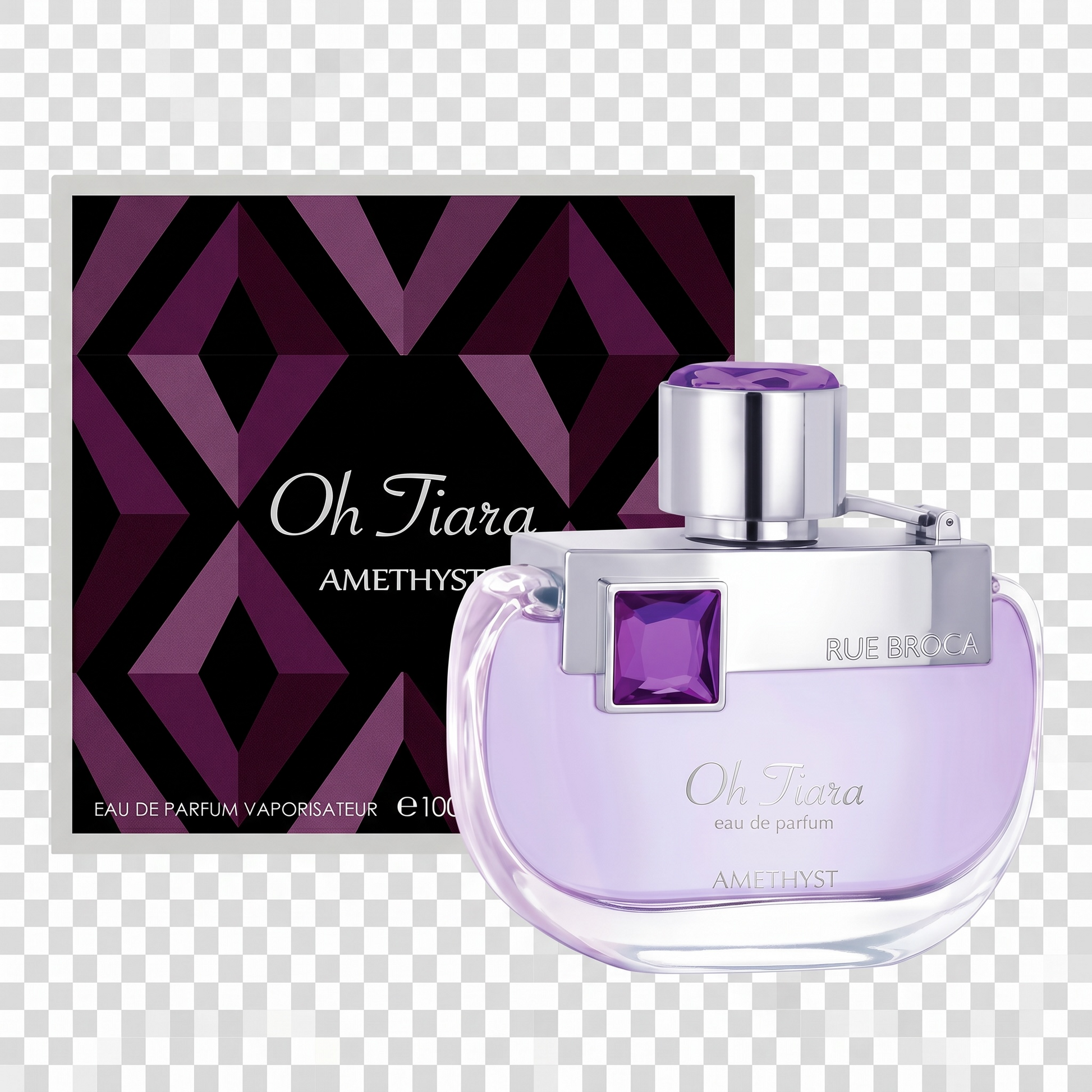 Purple perfume bottle with packaging labeled 'Oh Tiara Amethyst' on a transparent background