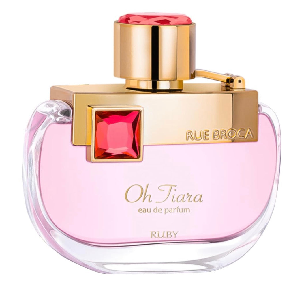 Perfume bottle with gold cap and pink accents on a white background