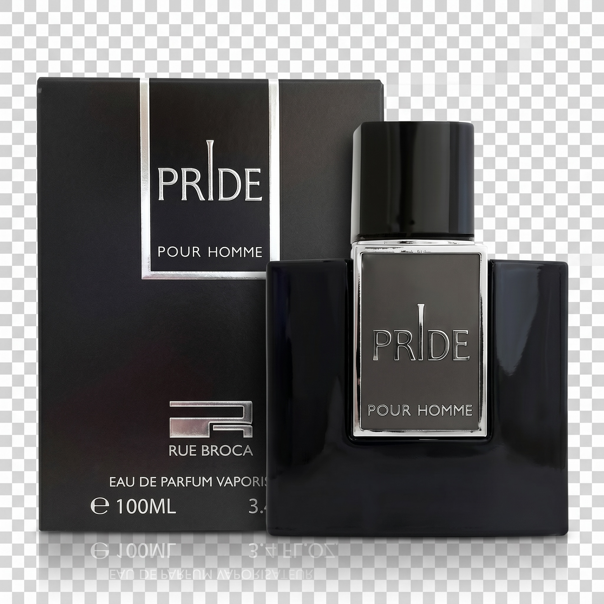 Rue Broca 'Pride Pour Homme' perfume bottle and packaging on a transparent background