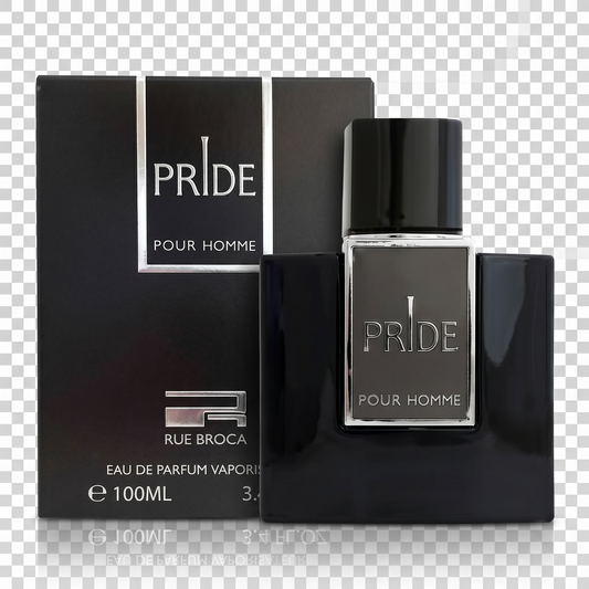 Rue Broca 'Pride Pour Homme' perfume bottle and packaging on a transparent background