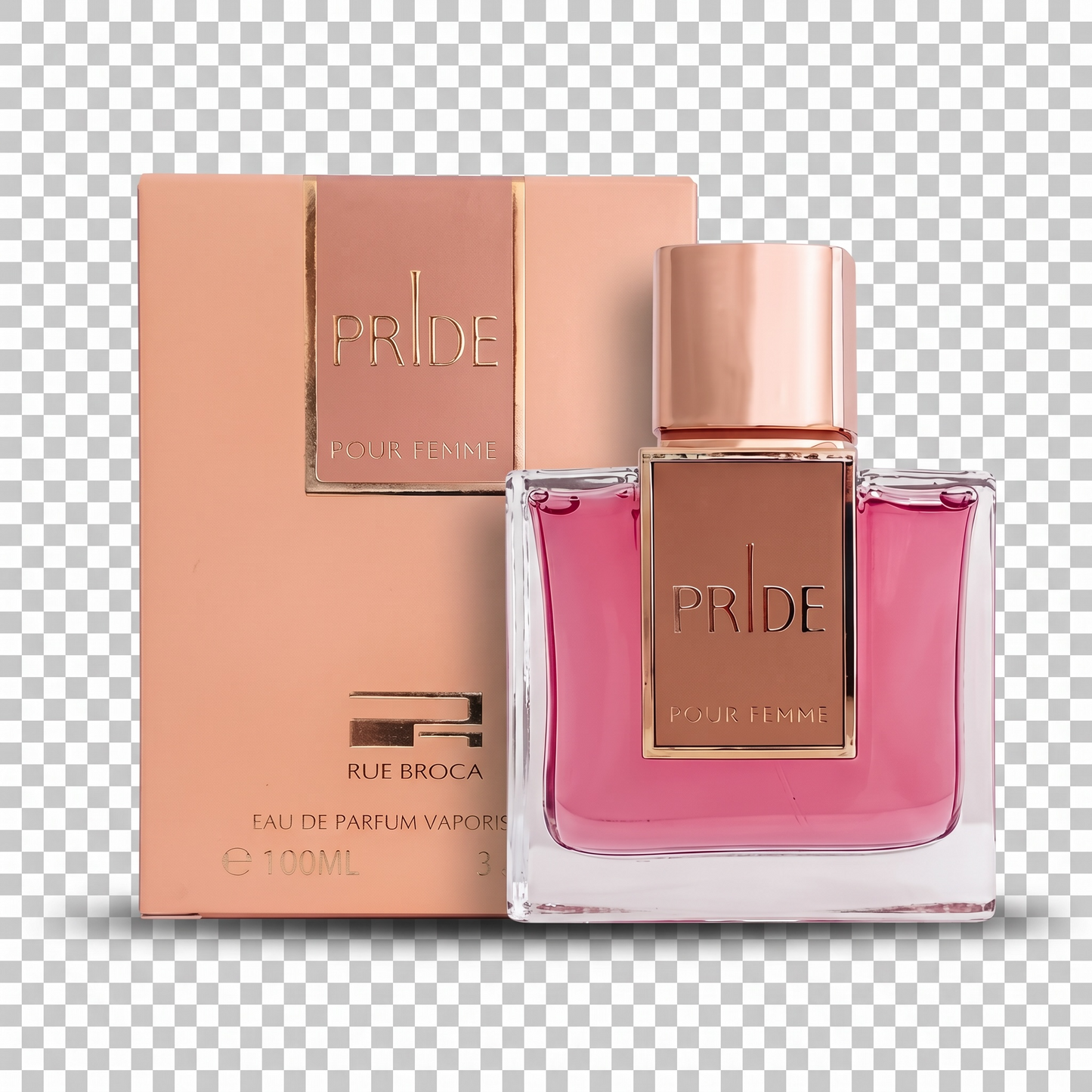Pink perfume bottle and packaging with 'PRIDE' branding on a transparent background