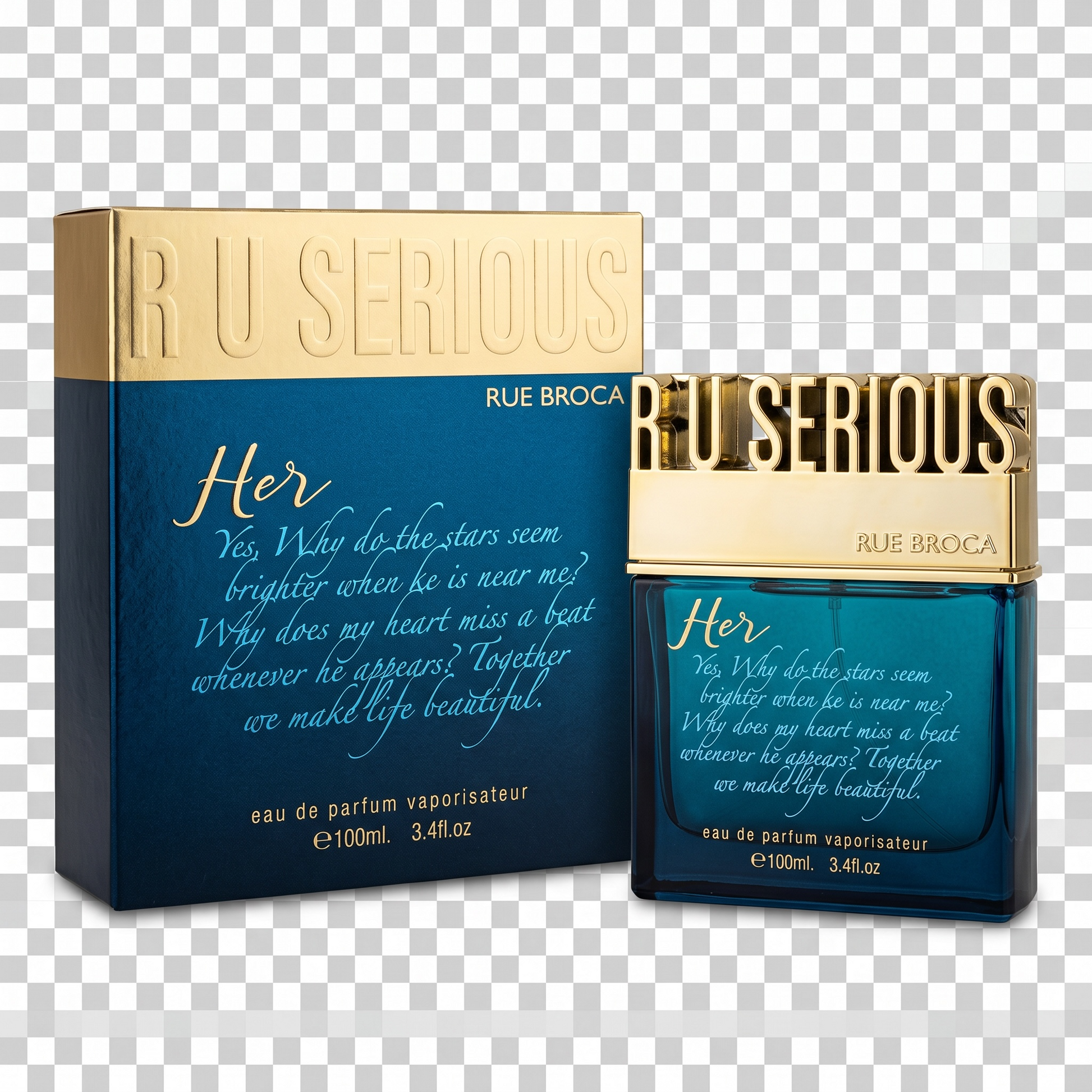 Rue Broca 'RU SERIOUS Her' perfume bottle and packaging on a transparent background