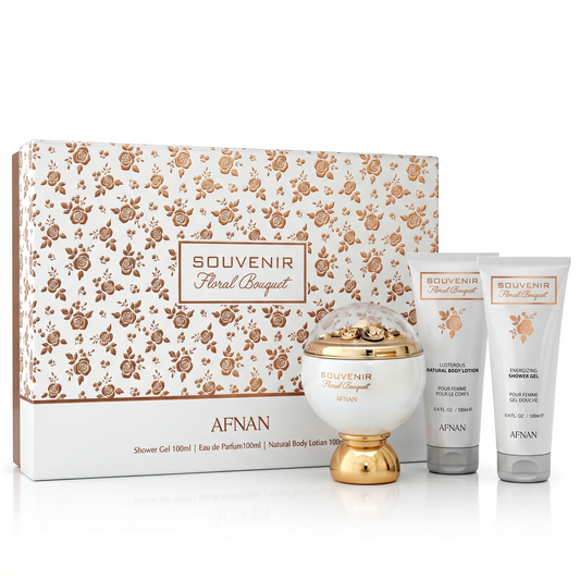 Afnan Souvenir Floral Bouquet perfume set with floral packaging