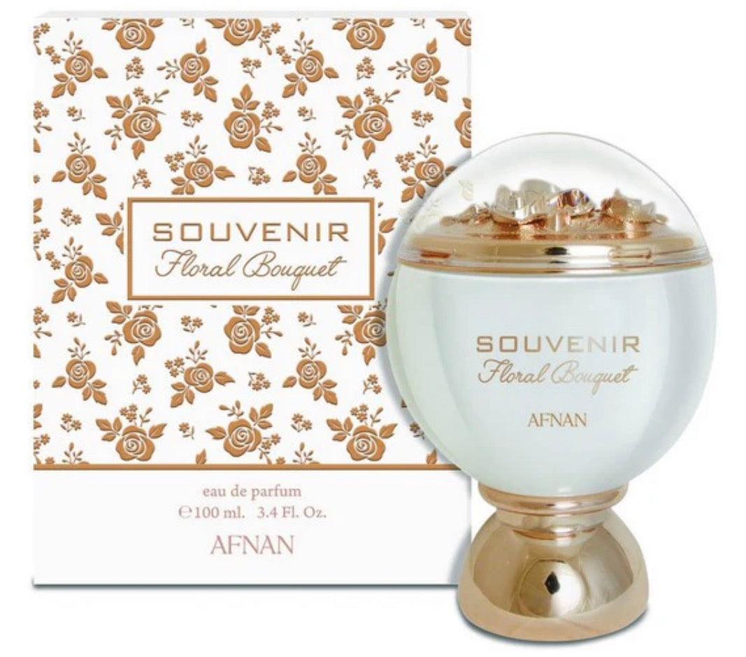 Afnan Souvenir Floral Bouquet perfume bottle and packaging on a white background