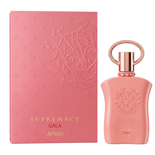 Pink perfume bottle and packaging with 'Supremacy Gala' branding on a white background