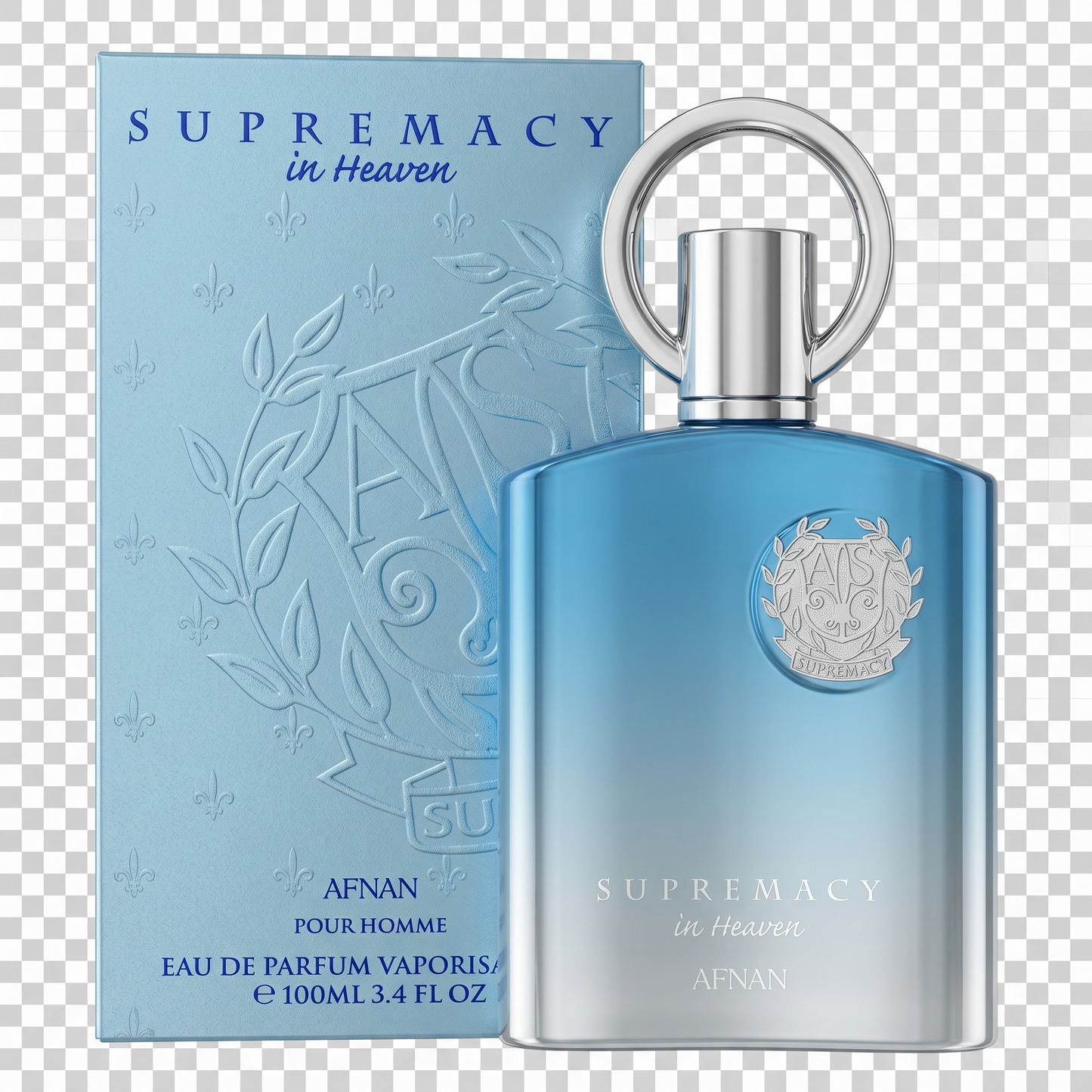 Afnan Supremacy in Heaven perfume bottle and packaging on a transparent background