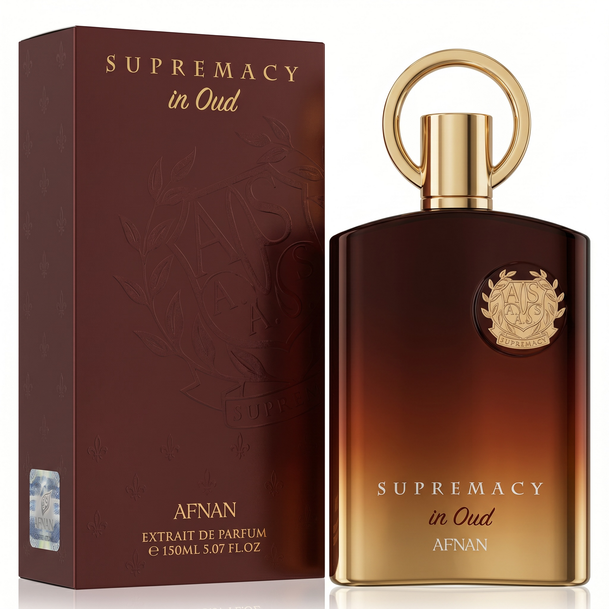 Afnan Supremacy in Oud perfume bottle and packaging on a white background