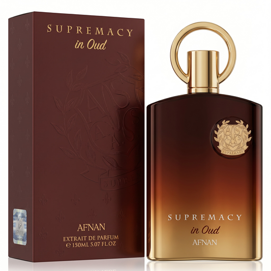 Afnan Supremacy in Oud perfume bottle and packaging on a white background