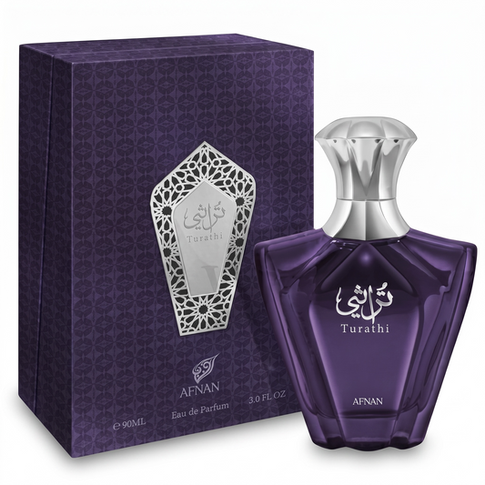 Purple Afnan Turathi perfume bottle and packaging on a white background