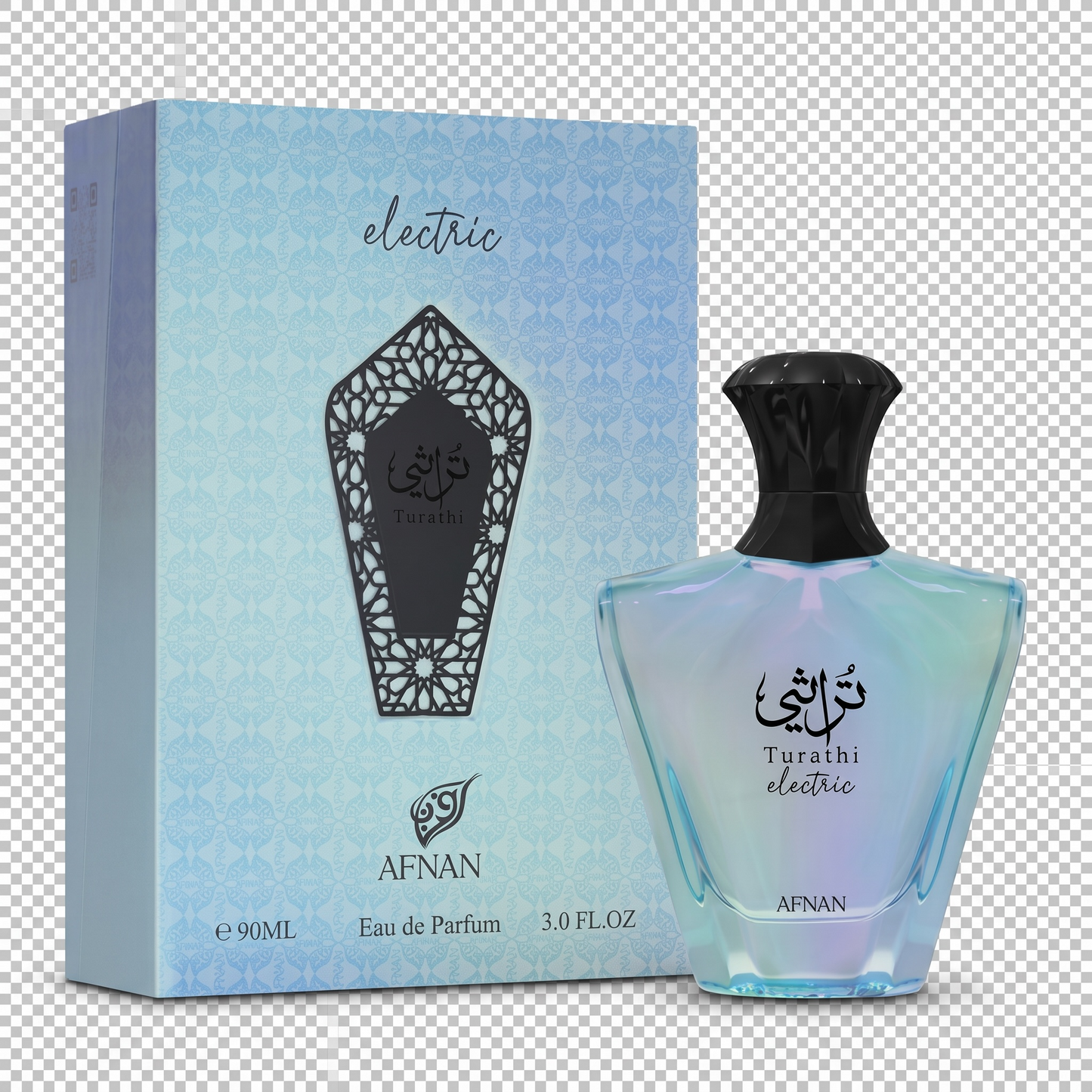 Afnan Turathi electric perfume bottle and packaging on a transparent background
