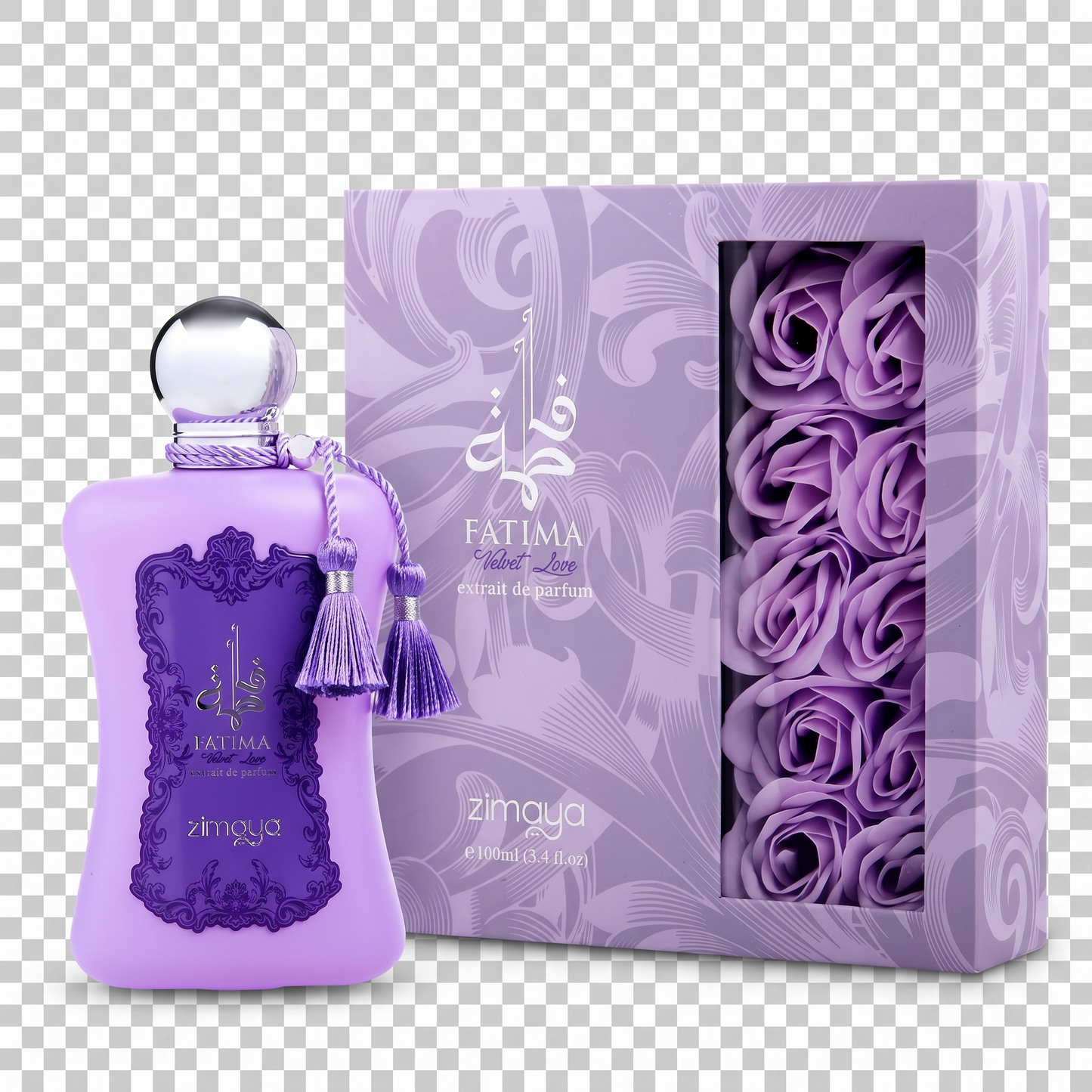 Purple perfume bottle and packaging with floral design on a transparent background